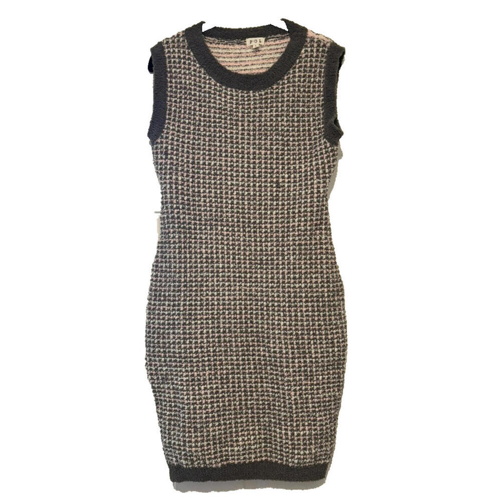 POL sz‎ L Checkered fuzzy sleeveless sweater dress all stretch green/pink #3033
